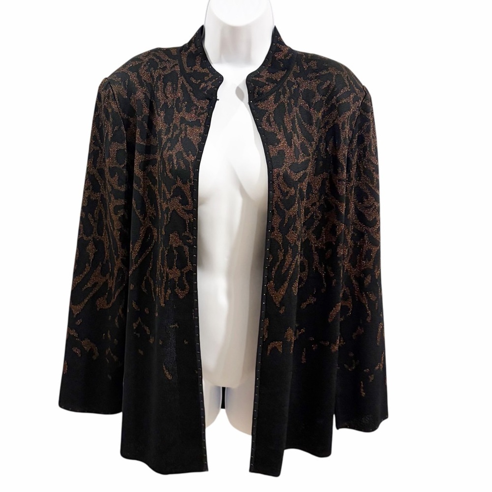 Ming Wang Animal Print Rhinestone Trim Knit Cardigan Jacket size Large - Picture 3 of 8